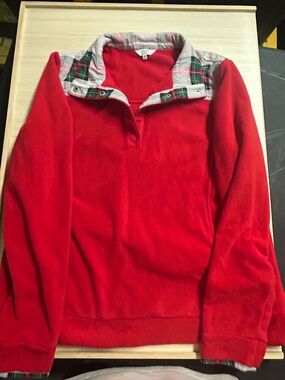 Crown & Ivy Medium Red Fleece Pullover Plaid Collar Snap Neck Holiday Top
